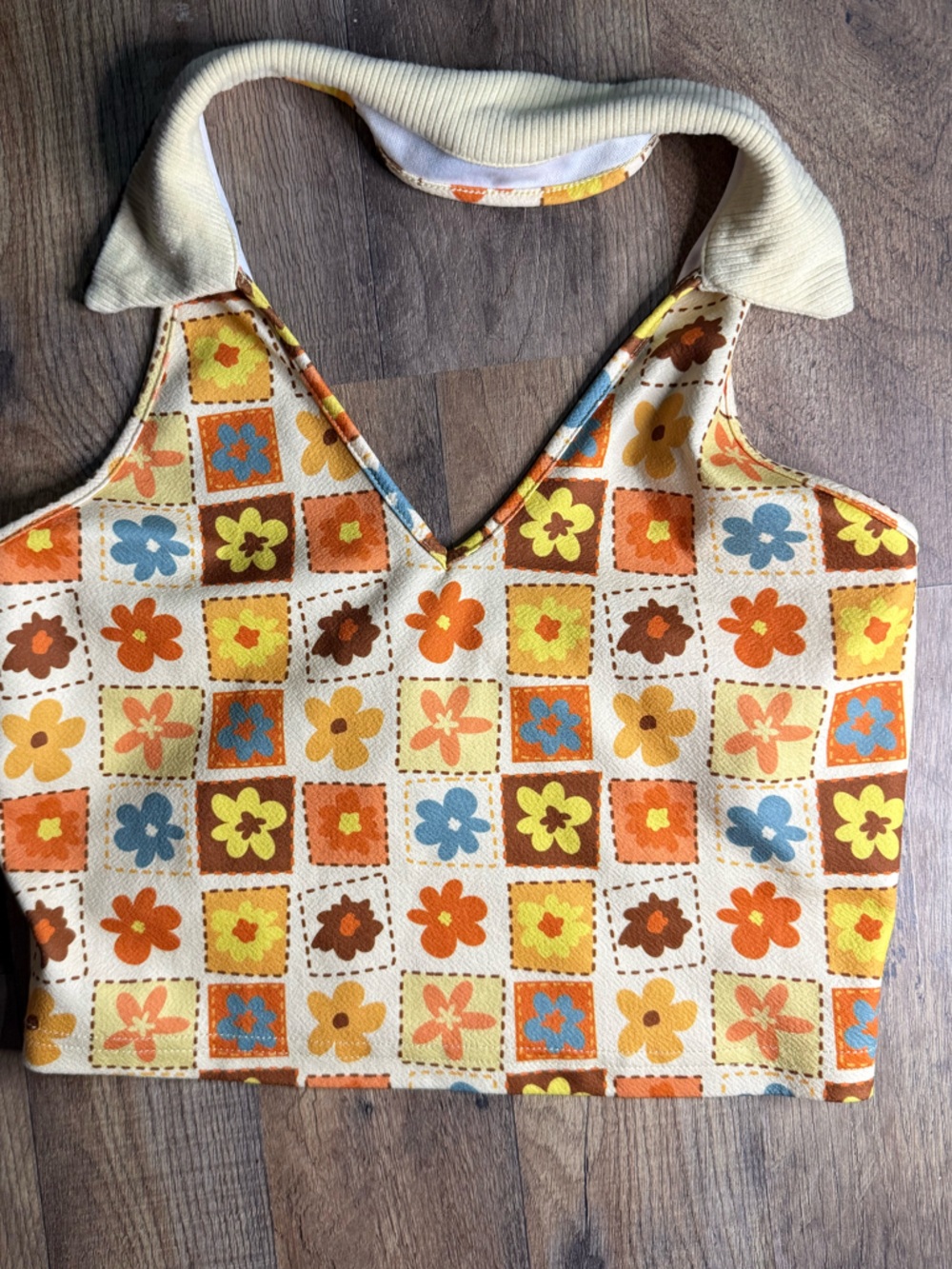 SHEIN Retro Floral Patchwork Halter Crop Top in Yellow, Orange & Blue